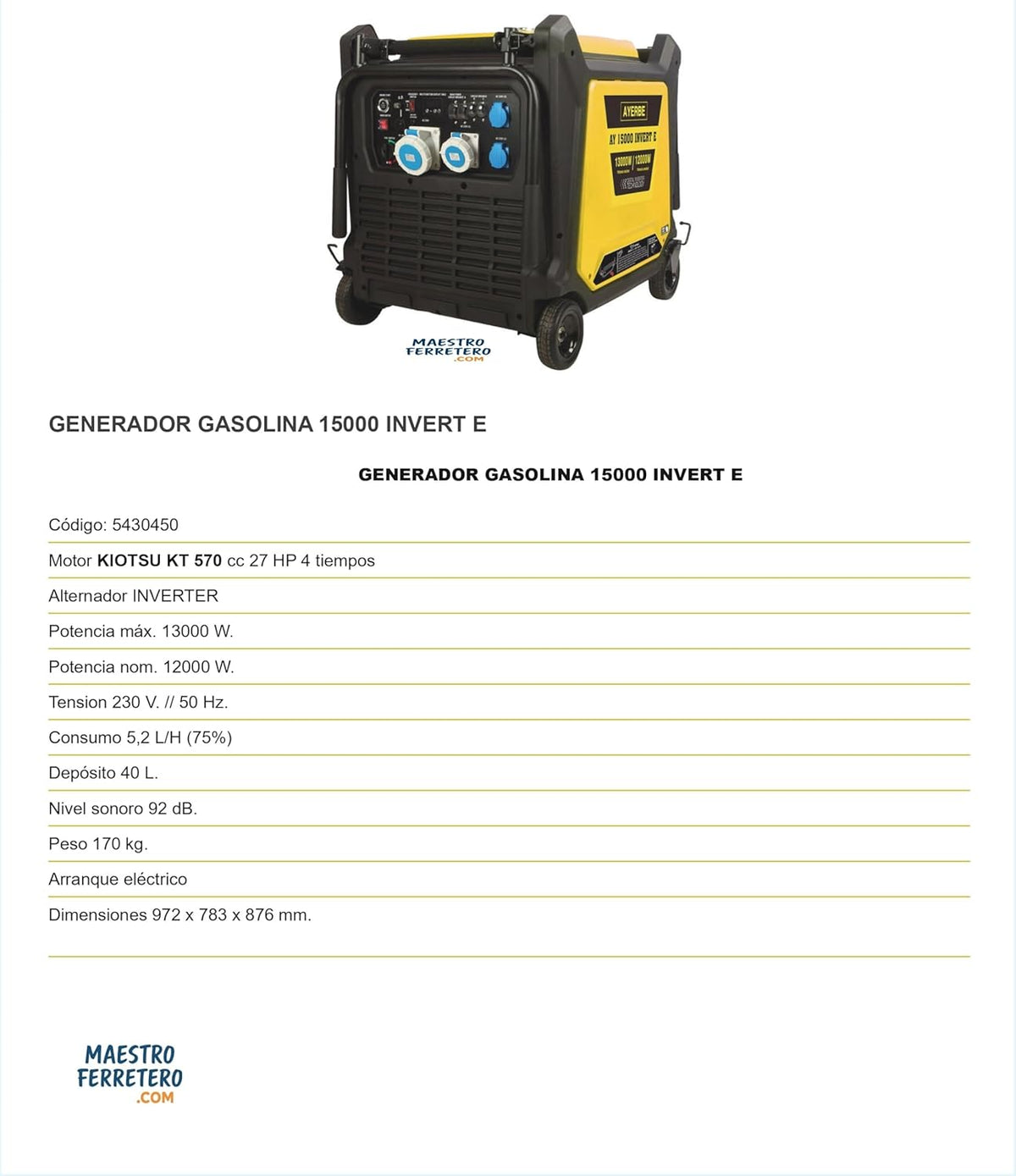 Generador inverter gasolina 13000 W con motor Kiotsu 27 HP